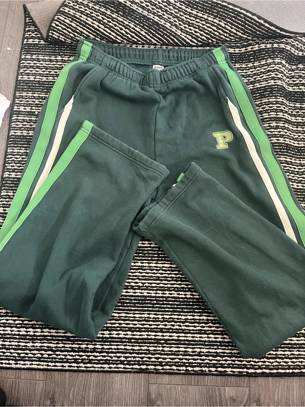 PINK Victoria's Secret Forest Green Track Pants with Light Green & Cream Stripes